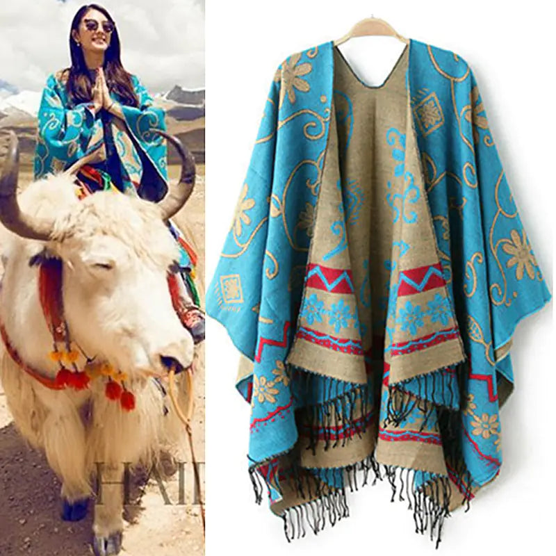 Ethnic Boho Blue Shawl – Warm Winter Women’s Scarf with Tassels | Oversized Fashion Wrap