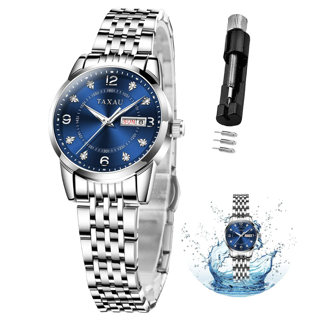 Luxury Women’s Silver & Blue Stainless Steel Waterproof Quartz Watch – Elegant Ladies Fashion Wrist Watch