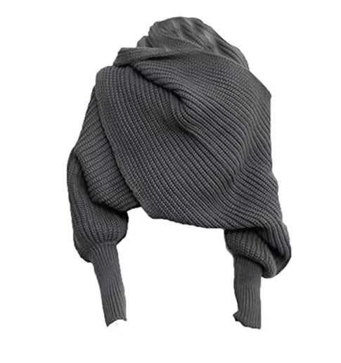 Cozy Knit Wool Shawl with Sleeves – Women’s Winter Warm Scarf Wrap