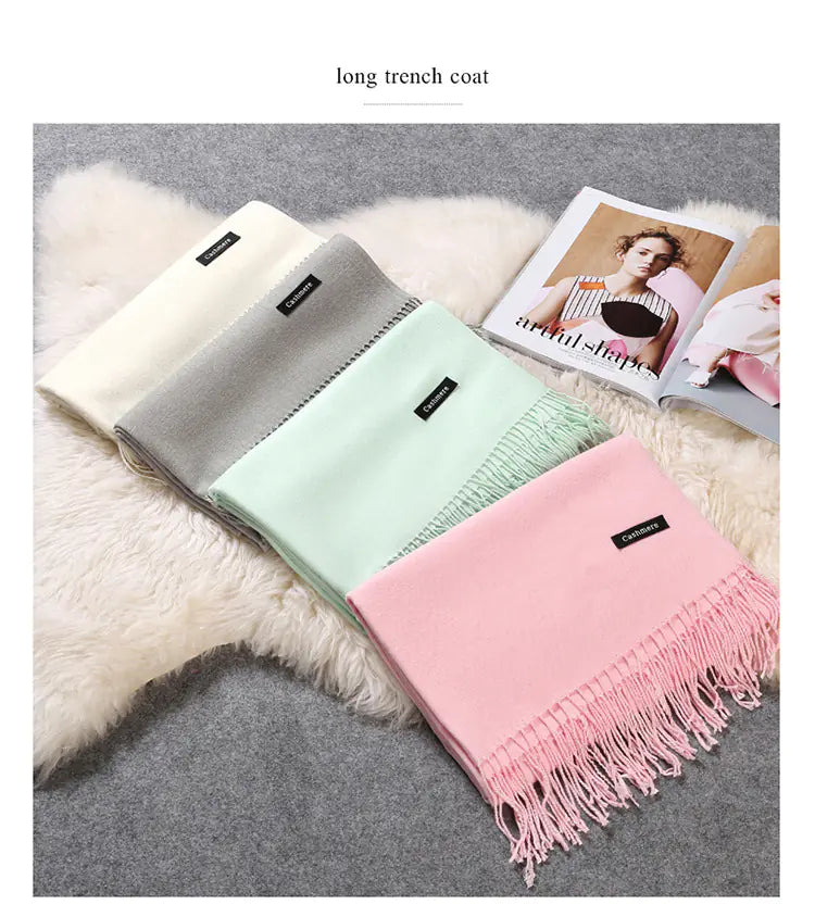 Solid Color Cashmere Feel Scarf with Fringes – Soft Winter Shawl for Women