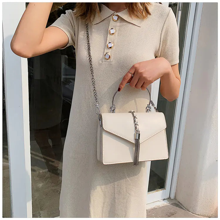 Chic Chain Bag for Women – Trendy Tassel Shoulder Bag | Small Square PU Leather Handbag