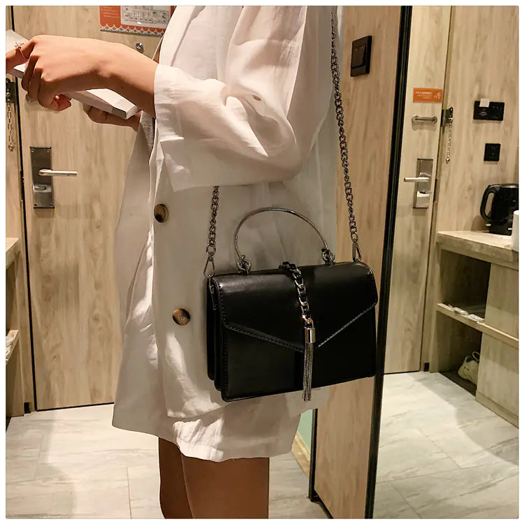 Chic Chain Bag for Women – Trendy Tassel Shoulder Bag | Small Square PU Leather Handbag