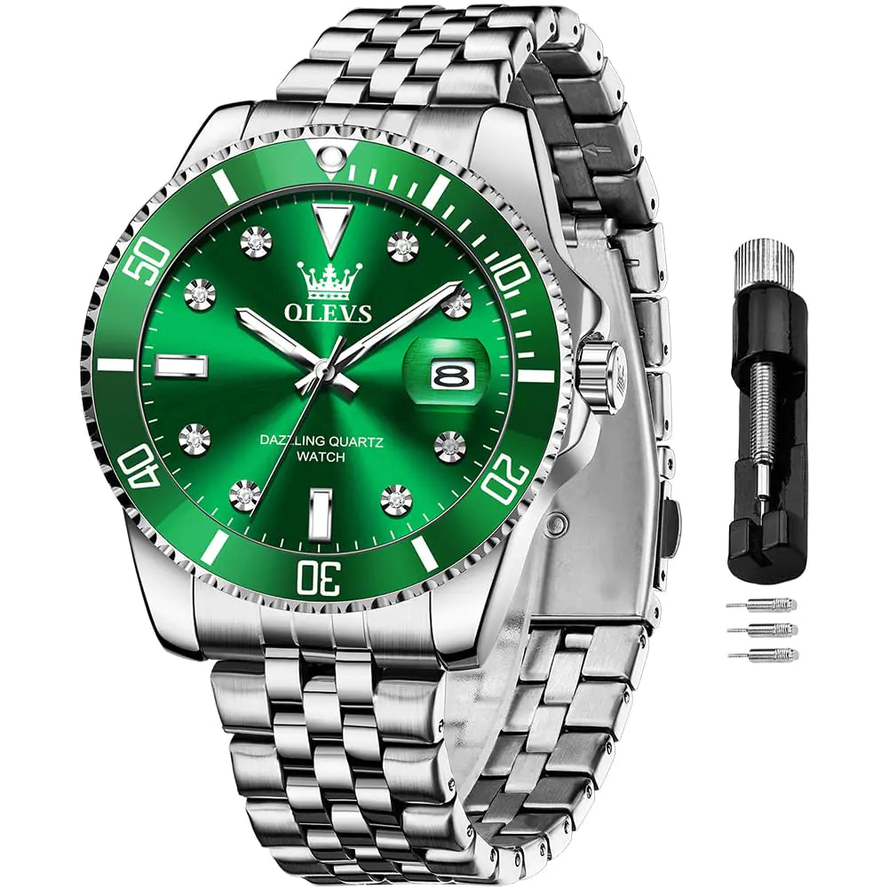OLEVS Green Men’s Luxury Stainless Steel Watch – Large Dial Waterproof Business Dress Wrist Watch