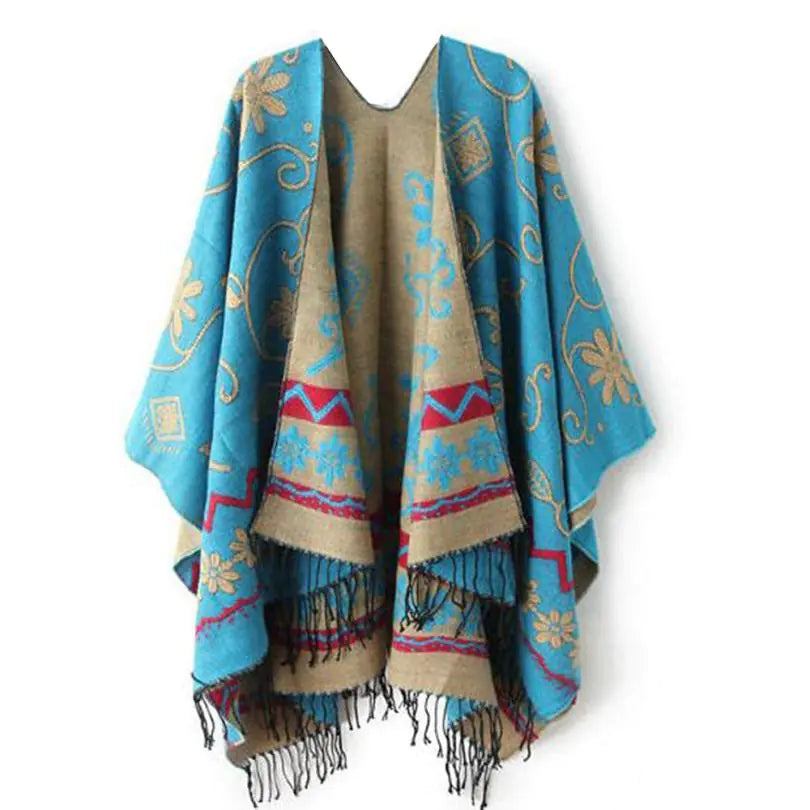Ethnic Boho Blue Shawl – Warm Winter Women’s Scarf with Tassels | Oversized Fashion Wrap