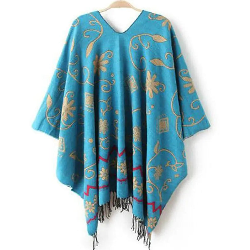 Ethnic Boho Blue Shawl – Warm Winter Women’s Scarf with Tassels | Oversized Fashion Wrap