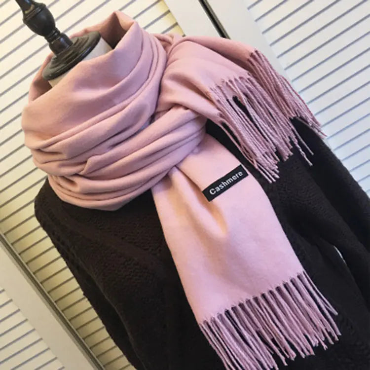 Solid Color Cashmere Feel Scarf with Fringes – Soft Winter Shawl for Women