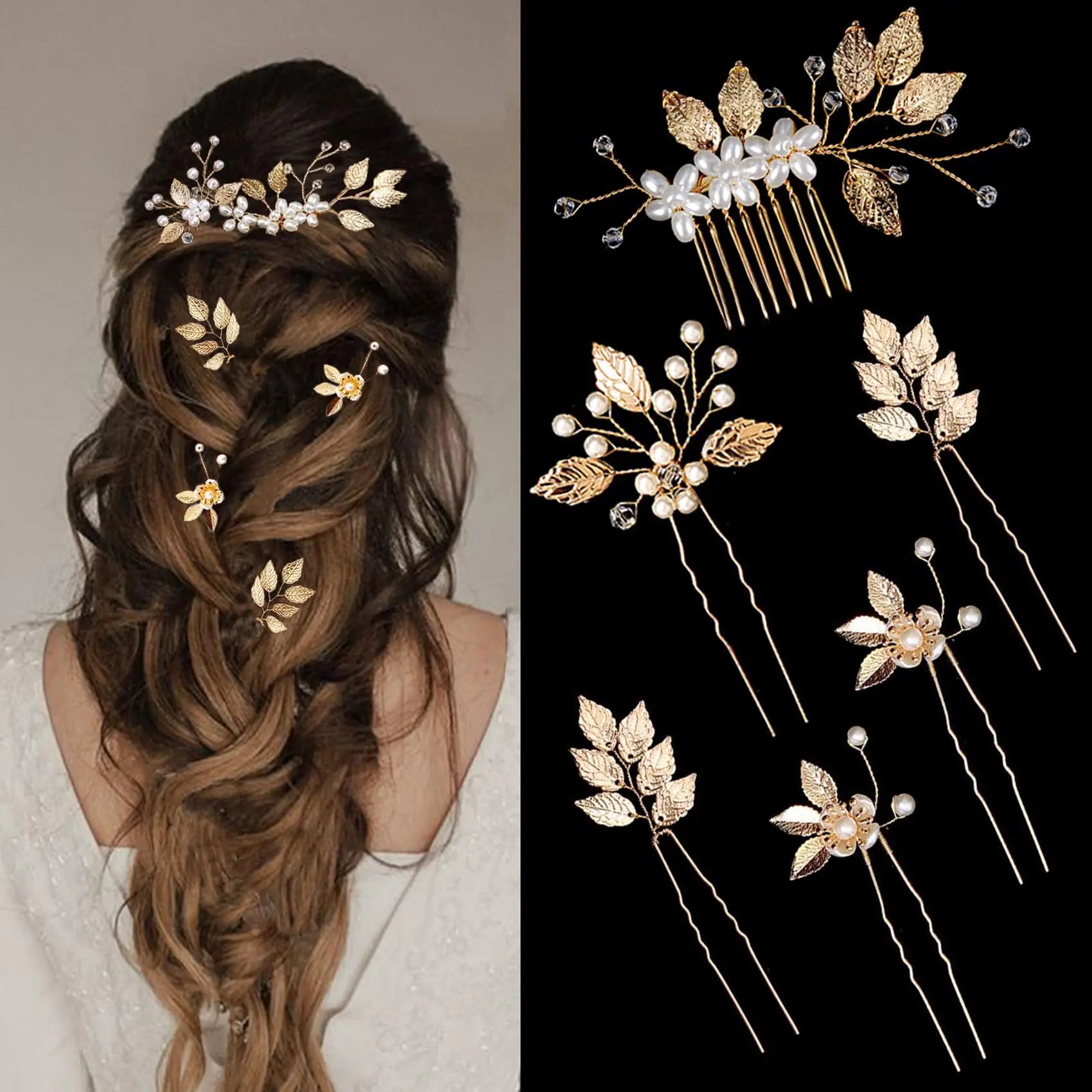 6 Pieces Wedding Pearl Hair Pins for Brides Bridal Hair Accessories Gold Leaf Crystal Pearl Clips Headpiece Vintage Flower Jewelry for Bridesmaids