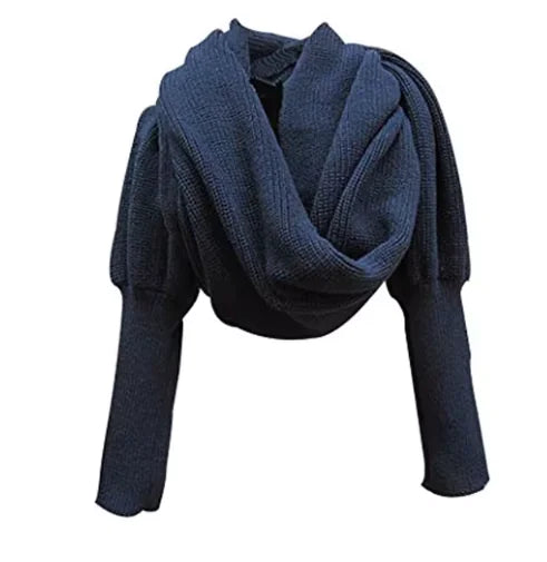 Cozy Knit Wool Shawl with Sleeves – Women’s Winter Warm Scarf Wrap