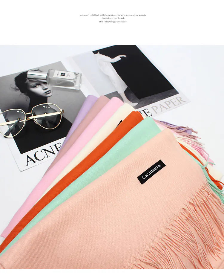 Solid Color Cashmere Feel Scarf with Fringes – Soft Winter Shawl for Women
