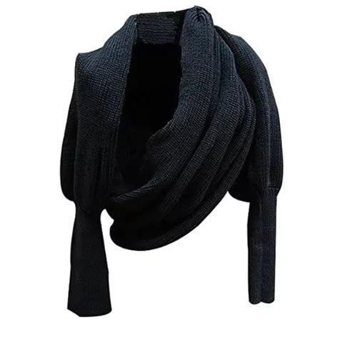 Cozy Knit Wool Shawl with Sleeves – Women’s Winter Warm Scarf Wrap
