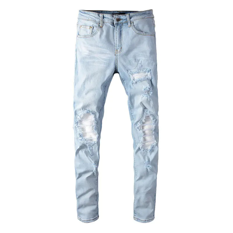 Trendy Light Blue Ripped Slim Fit Jeans for Men
