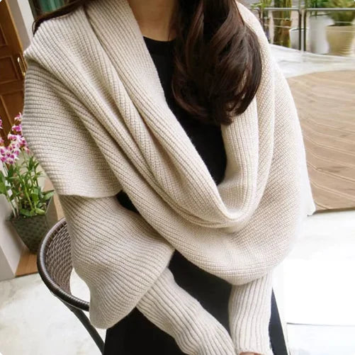Cozy Knit Wool Shawl with Sleeves – Women’s Winter Warm Scarf Wrap