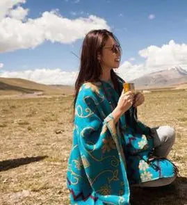 Ethnic Boho Blue Shawl – Warm Winter Women’s Scarf with Tassels | Oversized Fashion Wrap