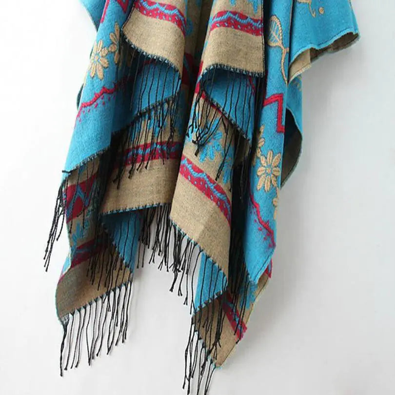 Ethnic Boho Blue Shawl – Warm Winter Women’s Scarf with Tassels | Oversized Fashion Wrap